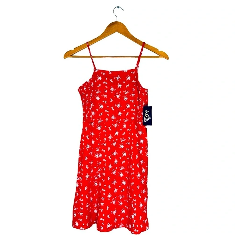 New Art Class Girls Fitted Cami Dress, L (10/12) Red w/ all over white flowers